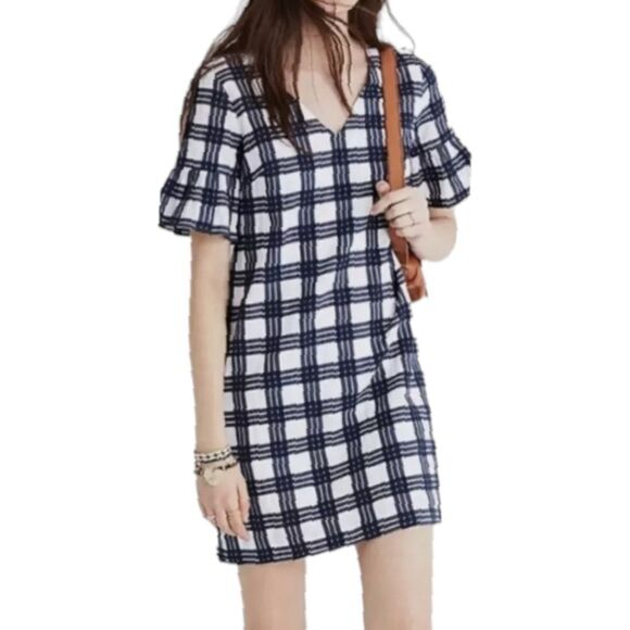 Madewell Leighton Plaid White Blue Sheath Dress - Picture 1 of 11